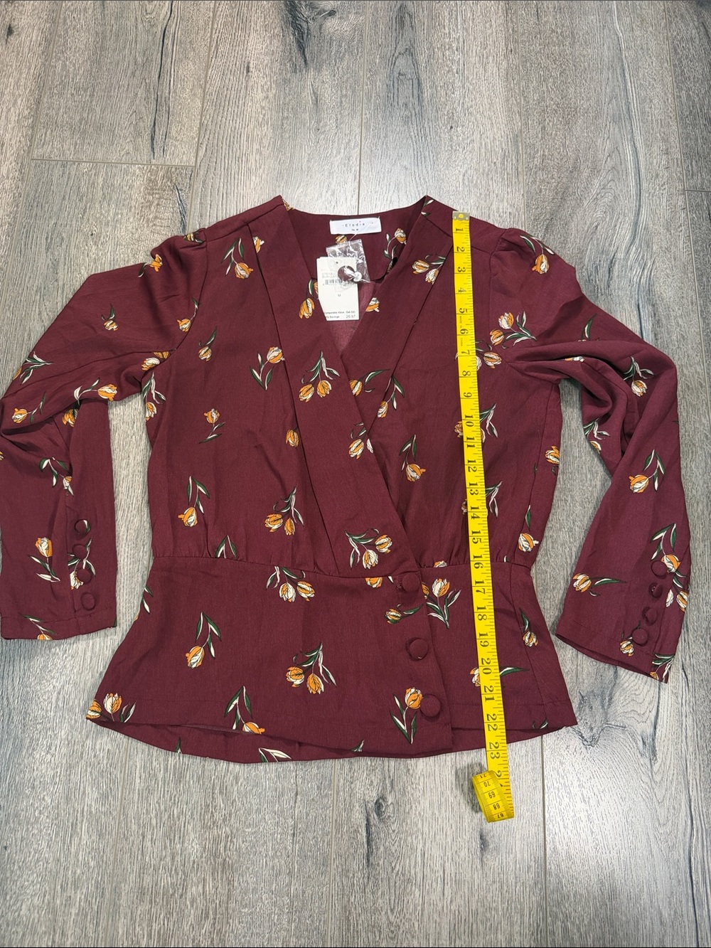 Elodie Burgundy Floral Wrap Blouse with Yellow Accent - Picture 7 of 9